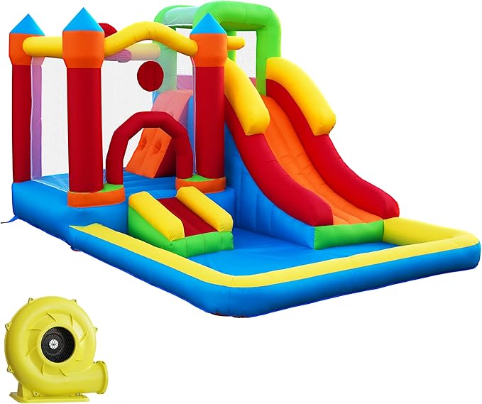 6-in-1 Bounce House with Climbing Wall, Slide & Ball Pit, Inflatable Bouncy Castle with Blower & Basketball Hoop for Backyard, Playground for Kids Toddlers Ages 3-12 (12.5′D x 8.6′W x 7′H)