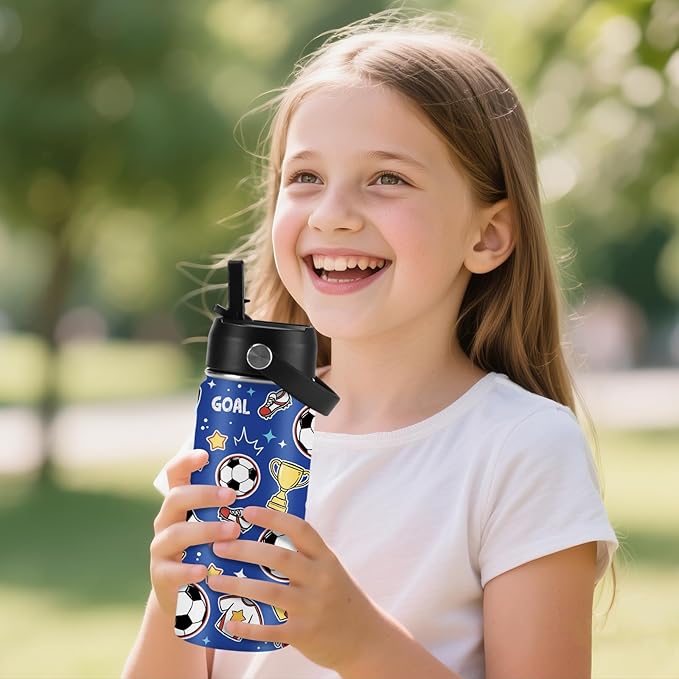 Soccer Gifts for Kids - 16 Oz Kids Water Bottle with Straw Lid, Stainless Steel Insulated Tumbler, Leak Proof, BPA-Free, for Girls, School, Travel - Soccer Lovers Children Birthday Gifts Cups(1pc)