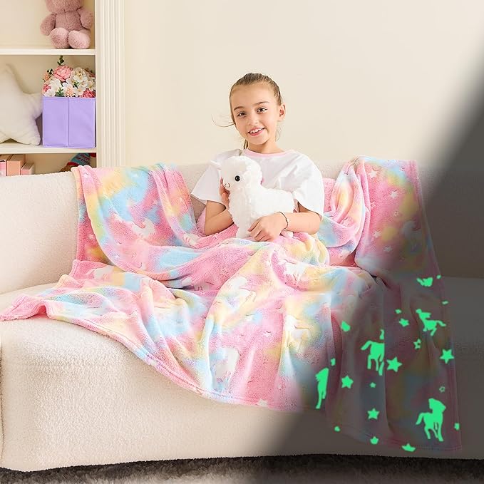 Wajade Unicorn Gifts for Girls - Glow in The Dark Unicorn Blanket Birthday Easter Decor for Kids Age 3 4 5 6 7 8 9 10 11 12 Years Old Teens Child Toddler Throw Pink 50"x60"
