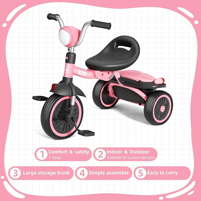 XJD Toddler Tricycle, Foldable Toddler Bike with Pedals, Tricycle for 2-5 Year Olds, Adjustable Comfortable Seat, Birthday Gifts for 1-5 Years Old Boys and Girls (Pink)
