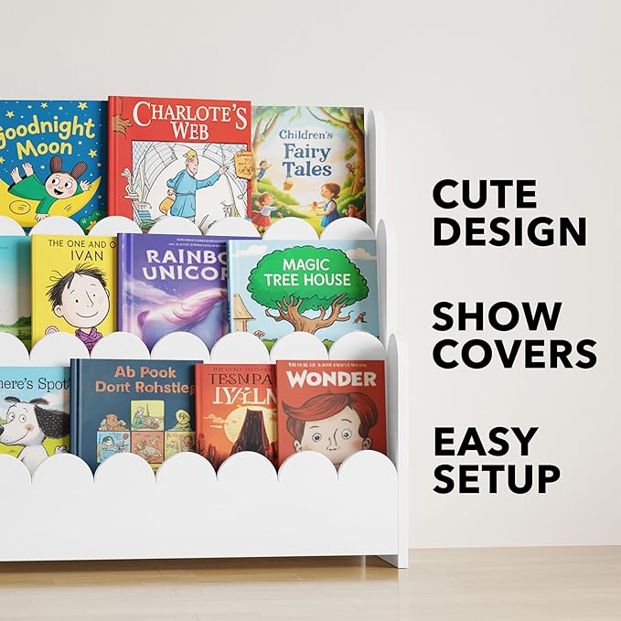 SpaceAid 3-Tier Scalloped Bookshelf, Montessori Bookcase for Toddlers, Wooden Book Shelf Organizer Display Furniture for Kids Rooms, Playroom, Nursery and Classroom, 36.7“ Wide, White