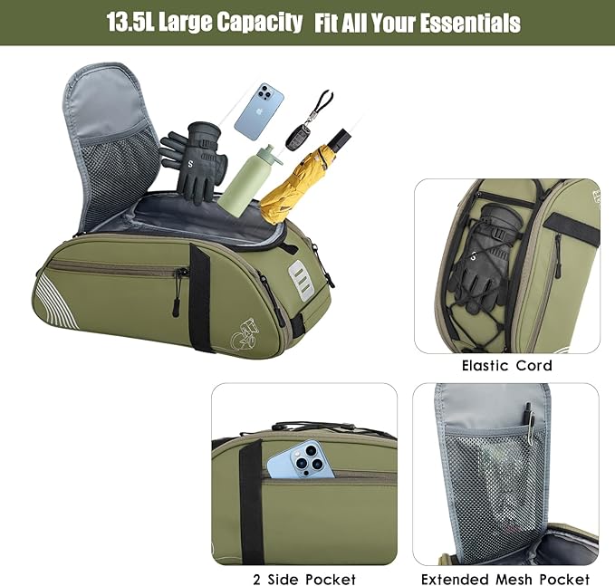 Rear Bike Rack Bag Waterproof Bike Bags with Reflector, Rain Cover & Shoulder Strap for Commuter Travel Outdoor, Green