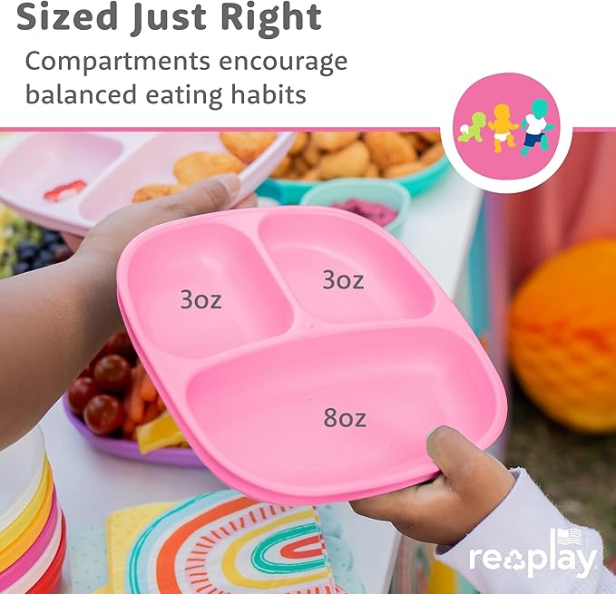 Re-Play Toddler Plates with Dividers - Deep-Walled 3 Compartments Divided Plates for Kids - Dishwasher & Microwave Safe - Made in USA - Set of 4-7.37" x 7.37" x 1.25" - Princess