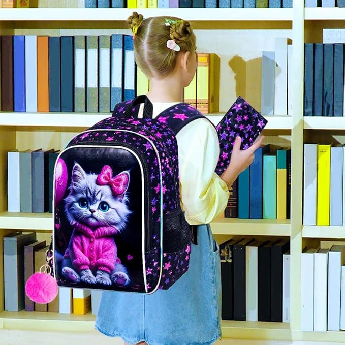 CCJPX 3Pcs Cat Backpack for Girls, 16” Kids Bookbag with Lunch Box, Water Resistant Elementary School Bag for Kindergarten Preschool Toddler (Black)
