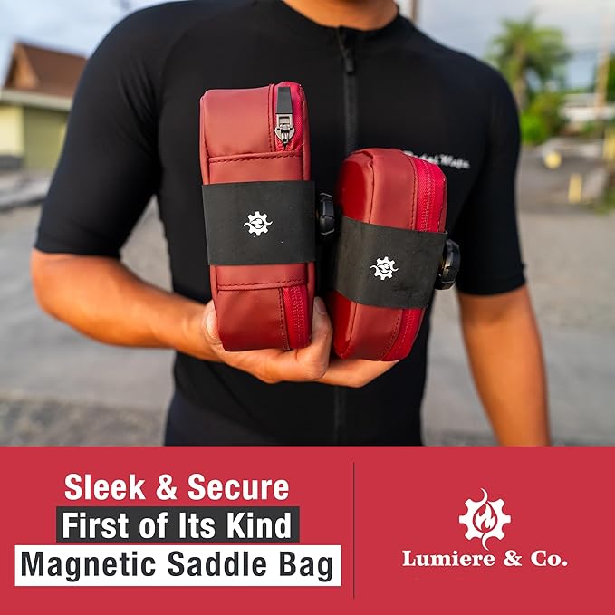 Lumiere & Co. Falcon Magnetic Saddle Bag– 0.69L | 6”x 3.5”x2 | Sleek Minimalist Design, Fast Magnetic Buckle Attachment | Cycling Bike Bag (Red, Large)