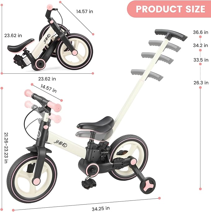 JMMD Toddler Bike with Push Handle for Kids 18-60 Months, 6 in 1 Foldable Push Bike with Training Wheels, Pedals, Brakes, Kickstand, Kid Balance Bike Gift & Toys for Boy & Girl