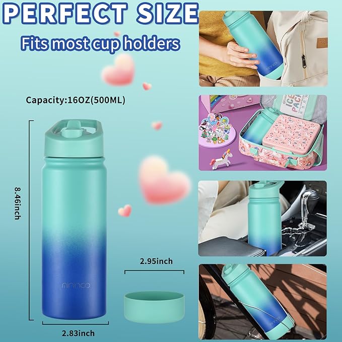 Mininoo Boys Water Bottle for School, 16oz Stainless Steel Insulated Metal Water Bottle with Straw Lid for Girls, Boys (Sky/Blue)