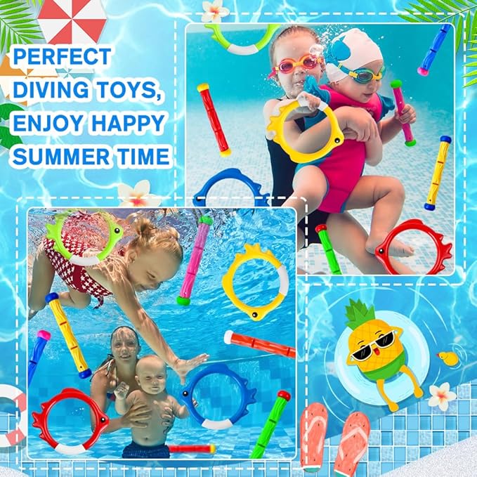 10PCS Pool Diving Swim Toys Colorful Underwater Training Sinking Throwing Dive Rings Sticks for Kids Summer Pool Swimming Party Favor Games