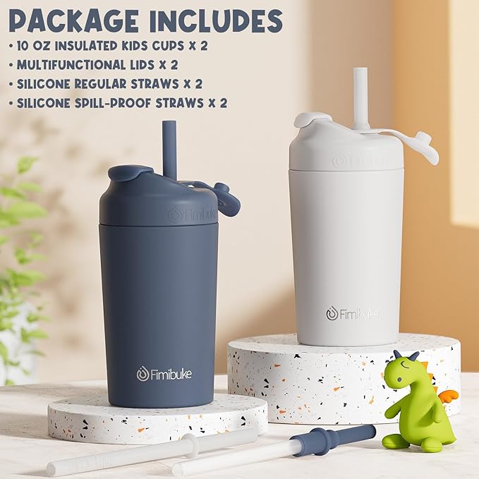 Fimibuke Kids & Toddler Cups, 10 OZ Spill Proof Straw Cups for Toddlers, 2 Pack Leak-Proof Kid Insulated Tumbler with Screw-On Lid & Silicone Straw with Stopper, Stainless Steel Sippy Cup for Girl Boy