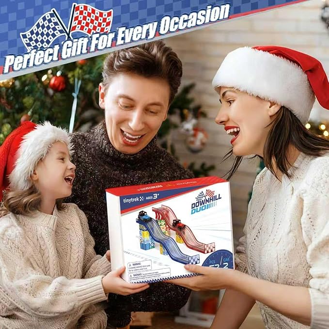 52 PCS Magnetic Tiles Race Car Track Set with 2 Racing Trucks, STEM Educational Travel Magnetic Building Blocks for Kids Ages 3-8, Montessori Sensory Toys Gifts for Toddler, Boys & Girls