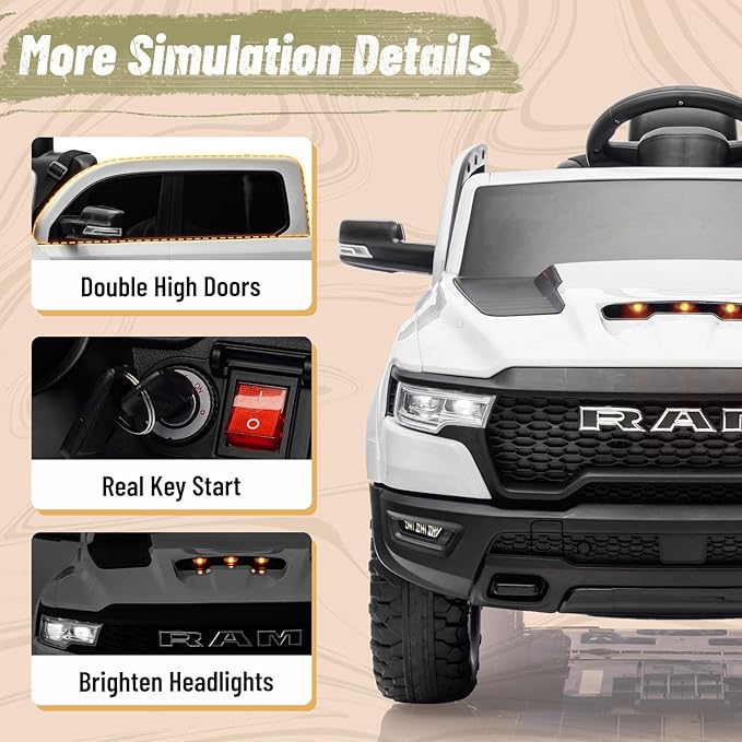 Ram 1500 Ride on Toys for Kids 4-8, Ride on Pickup Truck for Toddlers with Remote Control,12V Battery Powered Car with Trunk, Bluetooth, Music, Safety Belt (White)