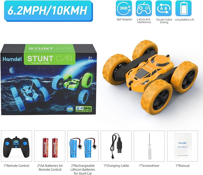 Remote Control Stunt Car for Kids, 360° Rotating Double-Sided RC Toy Vehicle with LED Headlights, 4WD 2.4GHz Rechargeable Electric Car, Boys & Girls Toy, Birthday Ages 6–12