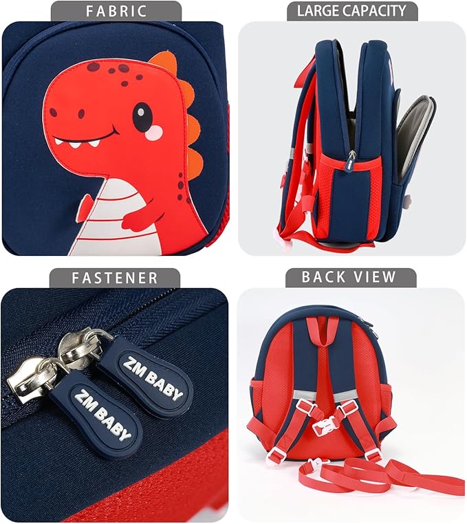 Lightweight and breathable children's dinosaur schoolbag, made of SBR diving fabric, suitable for kindergarten backpacks (red, Large)
