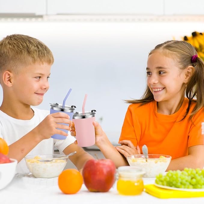 Kids Cups with Straws and Lids Leak Proof, 12oz Sippy Cups for Toddlers 1-3 No Spill, Spill Proof Cup Stainless Steel Kids Cup with Lids for School, Outdoor, 6 Pack