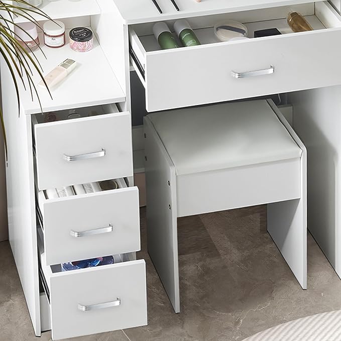 Vanity Desk with Sliding Mirror and Lights, Makeup Vanity Set with Stool and Drawers, 3-Color Lights, Adjustable Brightness, Small Vanity Dressing Table for Bedroom, Gifts for Girls & Women,H3155