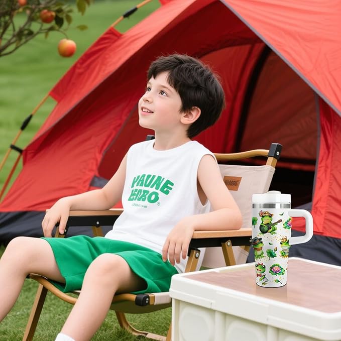 Frog Tumbler Gifts, 14 oz Frog Themed Tumbler with Handle and Straw, Stainless Steel Double Wall Vacuum Insulated Cup Keep Hot Cold - 14oz Travel Mug with Lid Tumblers for Home Work Outdoor Use