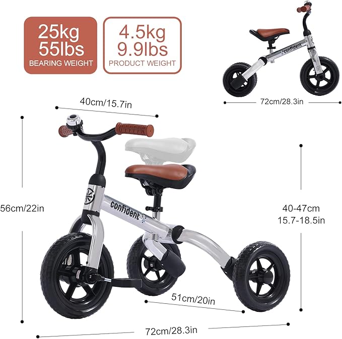 YGJT 3 in 1 Tricycle for Toddlers Age 2-5 Years Old, Folding Kids Balance Bike with Adjustable Seat and Removable Pedal, Toddler Bike Ride-on Toys for Infant, Gifts for Baby Boys Girls Birthday