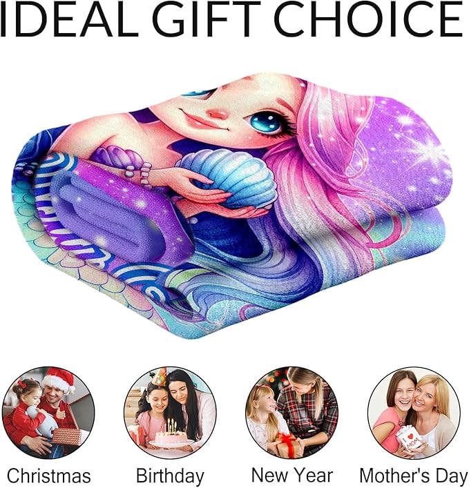 Personalized Mermaid Throw Blanket - Animals Pattern Blankets Gifts for Kids Teens - Cute Throw Decor Stuff for Sofa, Couch