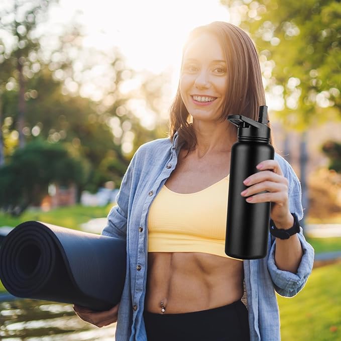 DOMICARE 40 oz Insulated Water Bottle, Vacuum Insulated Stainless Steel Sports Water Bottle with Straw Lid & Spout Lid, Leakproof, Reusable - Travel, Camping, Bike, Black