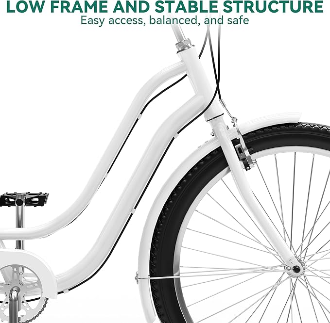 YITAHOME 24 & 26 Inch Beach Cruiser Bike, 7 Speed & Single Speed Commute Bike, Step-Through Bicycle for Adult Women & Men, Steel Frame Cruiser Bike with Full Front & Rear Fenders