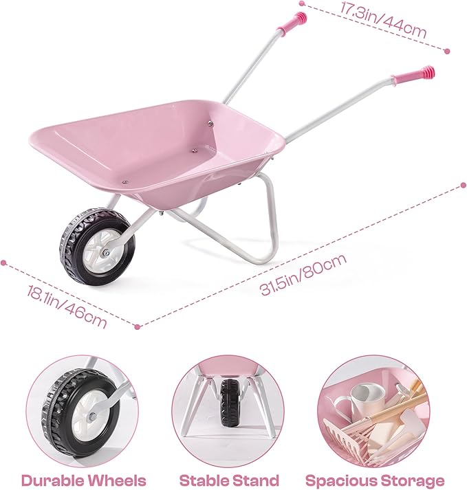 ROBOTIME Kids Wheelbarrow with Gardening Set – Metal Wheelbarrow Toddler Outdoor Play Toy with Garden Tools, Watering Can & Plant Labels, Pretend Play Yard Equipment for Boys and Girls (Pink)