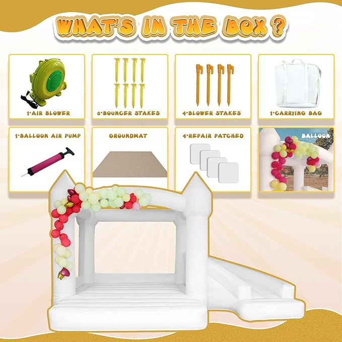 AKSPORT White Bounce House Inflatable Jumping Castle with Slide & Air Blower for Kids, Wedding & Birthday Parties, 17 * 11 * 10FT