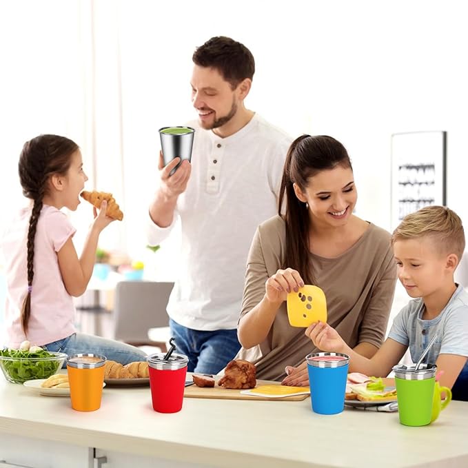 ShineMe Cups With Lids and Straws, 6pack Stainless Steel Toddler Tumbler with Metal Straws, Unbreakable Kids Sippy Cups with Colorful Silicone Sleeves for Cold & Hot Drinks