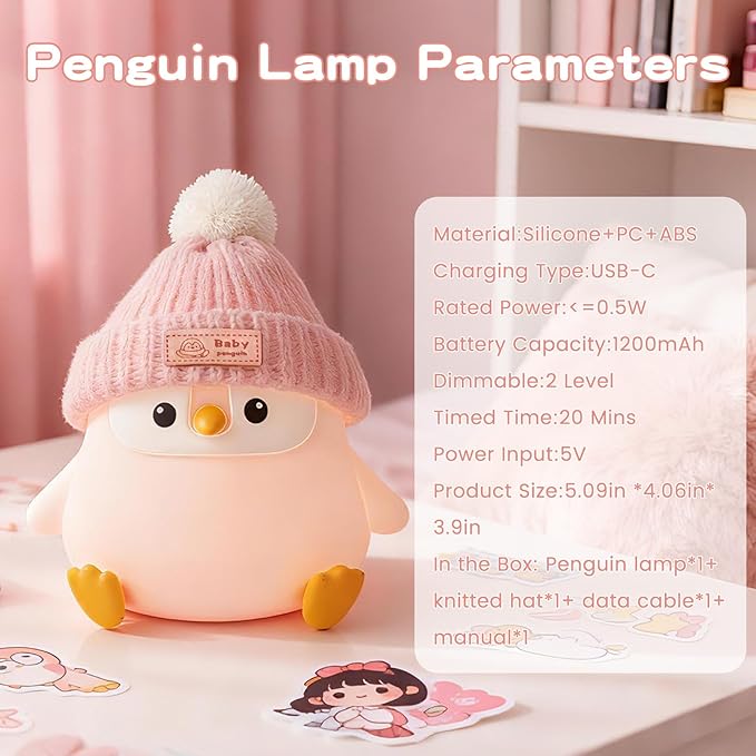 Penguin Silicone Night Light, Cute Pink Penguin Lamp with Hat, Nursery Nightlight for Baby , Rechargeable/Dimmable,LED Squishy Novelty Animal Bedside Touch Lamp,Funny Christmas Gifts for Kids/Girls