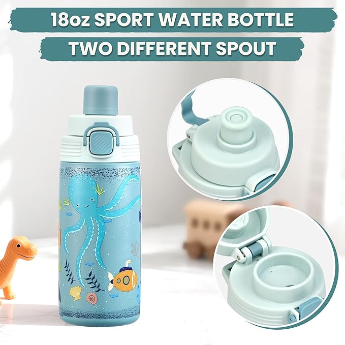 PIQUEBAR Bento Lunch Box for Kids with Thermo Ice Pack Lunch Food Container Insulated Bag, 18oz Plastic Sport Water Bottle for Kid Girls Boys (T-Blue Sea)