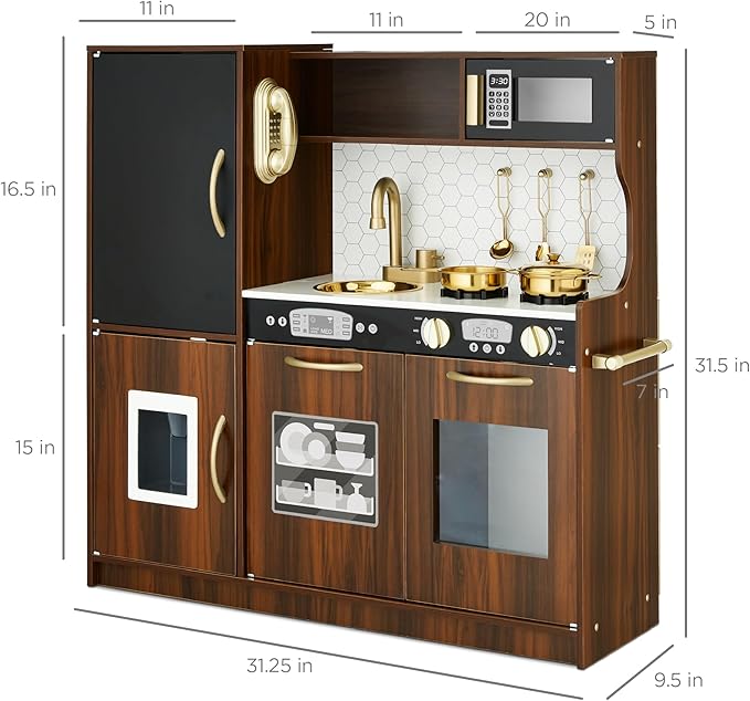 Best Choice Products Pretend Play Kitchen Wooden Toy Set for Kids w/Realistic Design, Telephone, Utensils, Oven, Microwave, Sink - Espresso