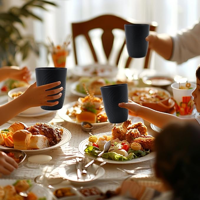 6 Pack Wheat Straw Cups 12 oz, Plastic Cups Reusable Drinking Cup, Small Kids Cup, Unbreakable Water Cup Set Dishwasher Safe for Kitchen, Camping, School (Black)