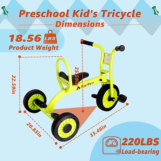 Kids Tricycle for Preschool Ages 3+, Ideal Outdoor Playground & Daycare Yard Trikes, Durable Metal Pedal Trike Gift for Boys and Girls, Sturdy Carbon Steel Frame, Inflation-Free Rubber Wheels