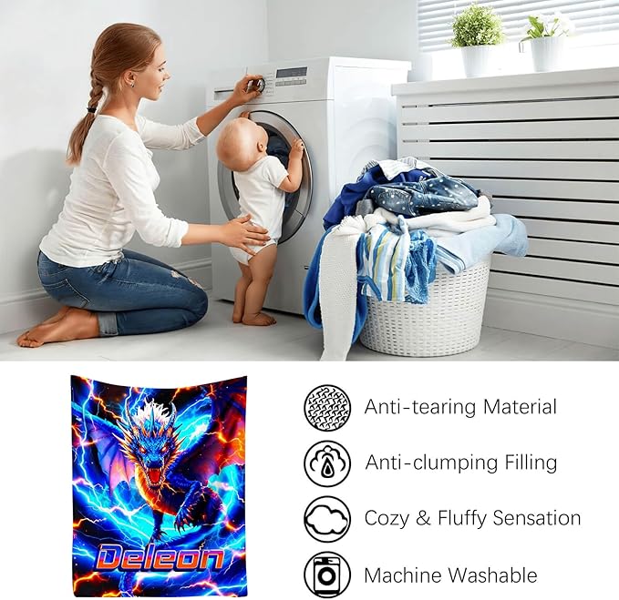 Custom Dragon Blanket with Name Personalized Lightning Throw Blanket for Boys Toddlers Gifts for Couch Sofa Bed Decor(Boy-02)