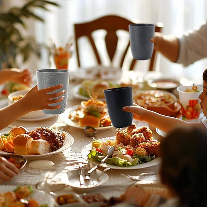 6 Pack Wheat Straw Cups 12 oz, Plastic Cups Reusable Drinking Glasses, Small Kids Cup, Unbreakable Water Tumblers Set Kitchen Cup Dishwasher Safe (Black, Grey)