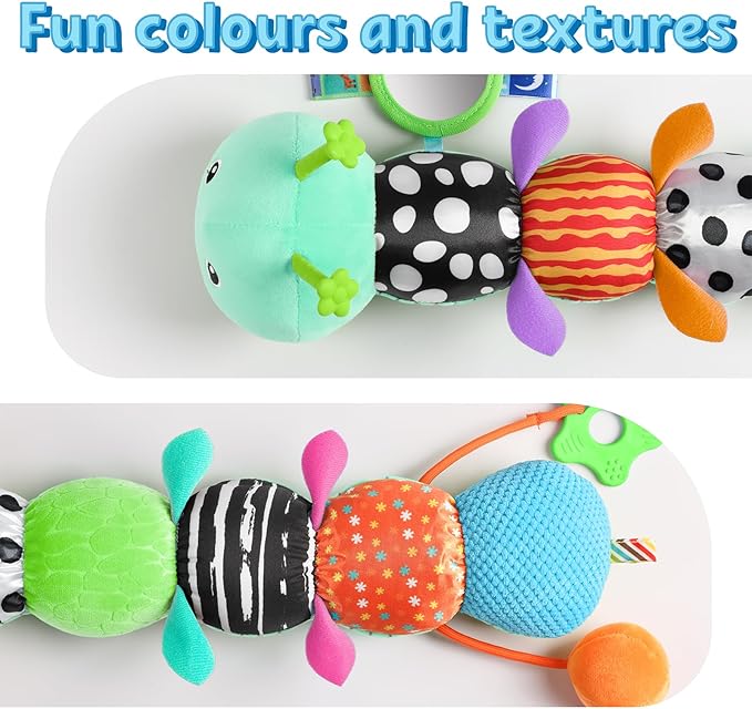LIGHTDESIRE Baby Toys 6-12 Months Musical Caterpillar,Infant Toys Stuffed Animals with Ruler Design Mirror,Pull String,Crinkle&Rattles,Teething Toys for Tummy Time, Boy Girl Gifts 0-12 Months(Blue)