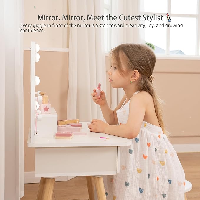 Kids Vanity Set for Girls with Touch-Button 3-Color Light Mirror, Wooden Pretend Play Makeup Table with 11 Accessories, Toddler-Sized Beauty Desk for Ages 3+