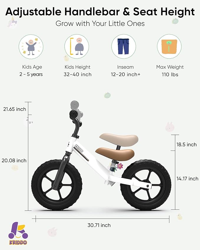 KRIDDO Toddler Balance Bike 2 Year Old, Kids Balance Bike for 2-5 Years Old, Dual Bearing for Smoother Riding, Adorable Plate, Adjustable Seat and Handlebar, Toddler Bike Gifts Age 2-3, White