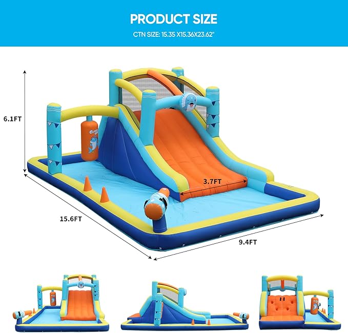 TABU Bounce House with Slide, Inflatable Castle with Splash Pool Water Cannons, Outdoor/Indoor Bouncy House with Air Blower, Ball Pit, Boxing, Climbing Wall, for Kids Aged 3-12(187.2x112x73.2IN)
