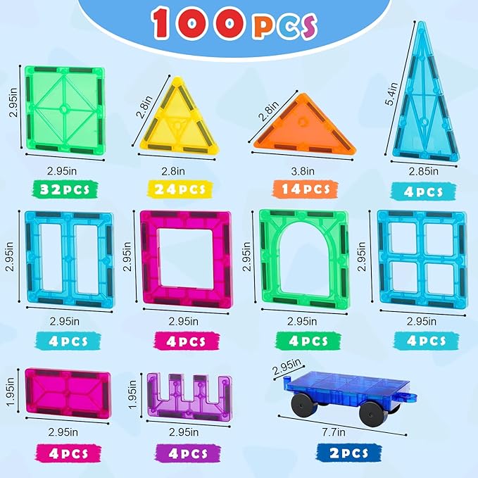 Gemmicc 100 PCS Magnetic Tiles with 2 Cars, STEM Approved Educational Magnet BuildingToys, Magnet Puzzles Stacking Blocks for Boys Girls