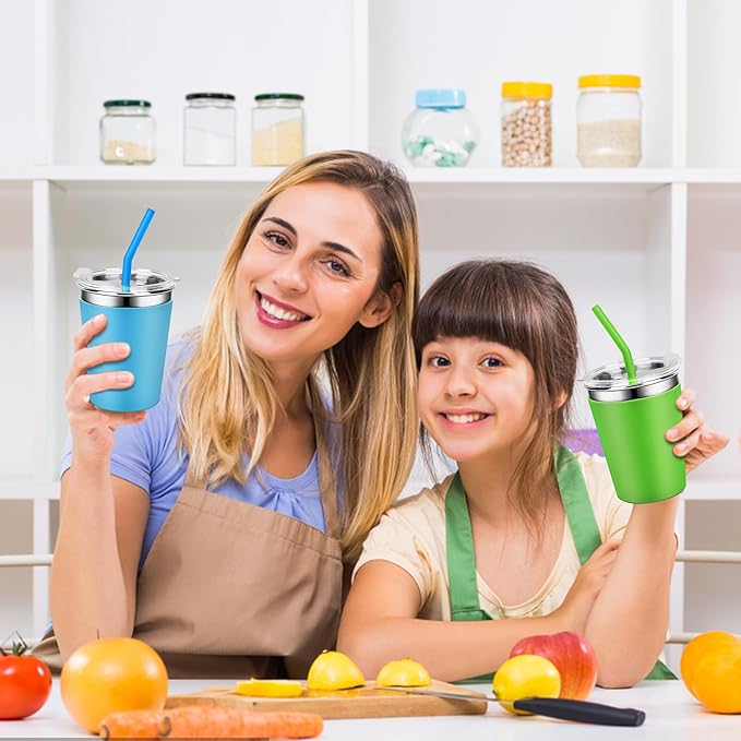 Kids Stainless Steel Cups with Silicone Straws and Lids, Spill Proof Metal Tumblers for Adults, Unbreakable Toddle Cups with Full Wrapped Anti-Scald Sleeves for Hot and Cold Drinks.6Pack.12oz