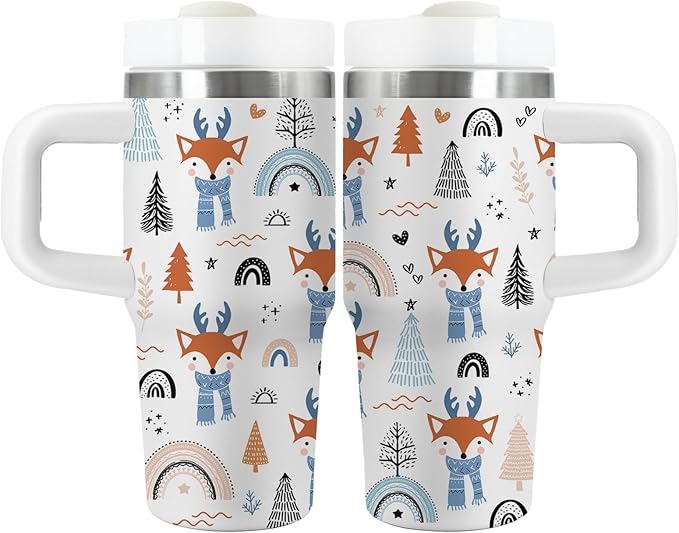 Fox Gifts for Girls - 14oz Kids Forest Red Fox Tumbler with Handle and Straw, Stainless Steel Insulated Water Bottle, for Sport, School, Travel - Animal Lovers Children Birthday Gifts Cups(1pc)