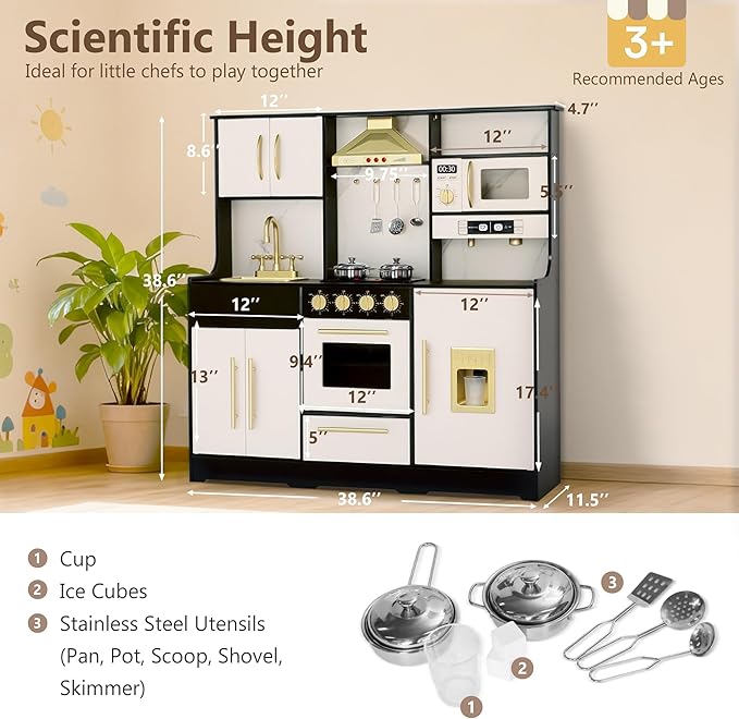 Kinder King Wooden Kids Play Kitchen, Toy Kitchen Playset for Toddler, Play Kitchen Set w/Real Sounds, Pretend Coffee Machine, Kitchen Hood, Sink, Ice Maker, Gift for Boys Girls Age 3+, Black