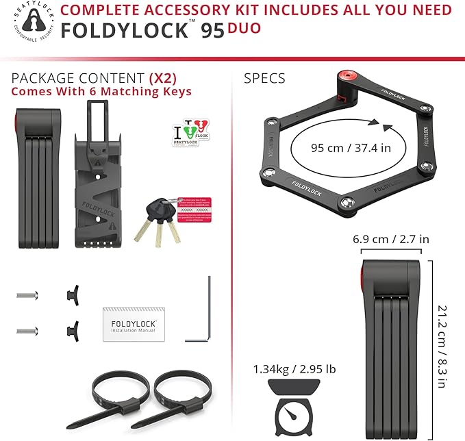 Seatylock FoldyLock Classic 95 Folding Bike Lock Set - Patented 2 Matching Bicycle Locks with 6 Identical Keys - Heavy Duty Anti Theft Secure - Guard with Keys & Case Mount - 37.4"