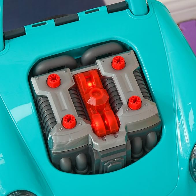 Qaba Truck Engine Toy, Kids Mechanic Set with Lights, Sounds, Steering Wheel and Horn, Pretend Car Service Station Play with 61-Piece Included, Toy Engine Building Kit for Kids Aged 3+, Blue