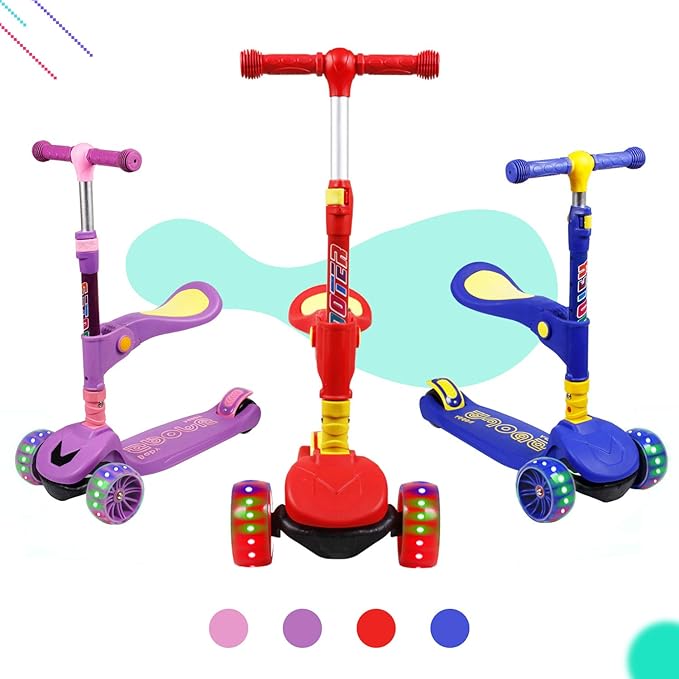 LENOGE Kids Scooter, Toddler Scooter with 3 Flashing LED Big PU Wheels Kick Scooter for Kids Folding Adjustable Height Kick Scooter Toys for Ages 3-6 Boys Girls