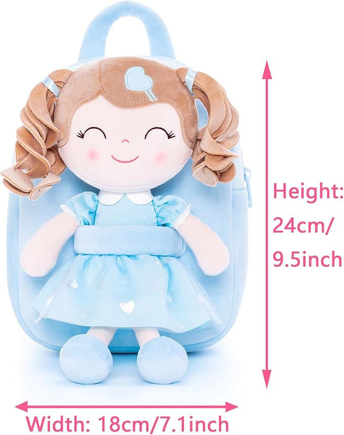 Gloveleya Back to School Gifts for Girls Toddler Backpack Baby Girls Gift Plush Bag Diaper Bag with Spring Girl Doll Curly Hair Girl Toys with Love Blue
