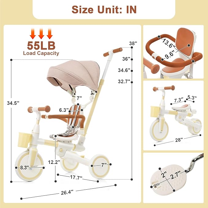 Foldable Kids Tricycle with Adjustable Pedals, Removable Canopy Cup Holder Safe, Portable Toddler Bike Age 18-72 Months