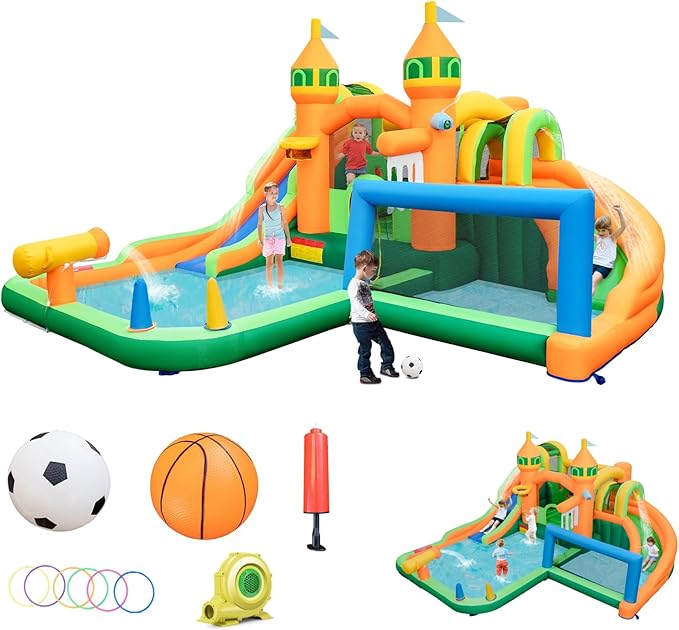 BOUNTECH Inflatable Water Slide, 9 in 1 Dual Slides Kids Water Park Jump Castle Water Soccer, Big Splash Pool, Water Slides Inflatables for Outdoor, Backyard Party Water Slide Bounce House with Blower