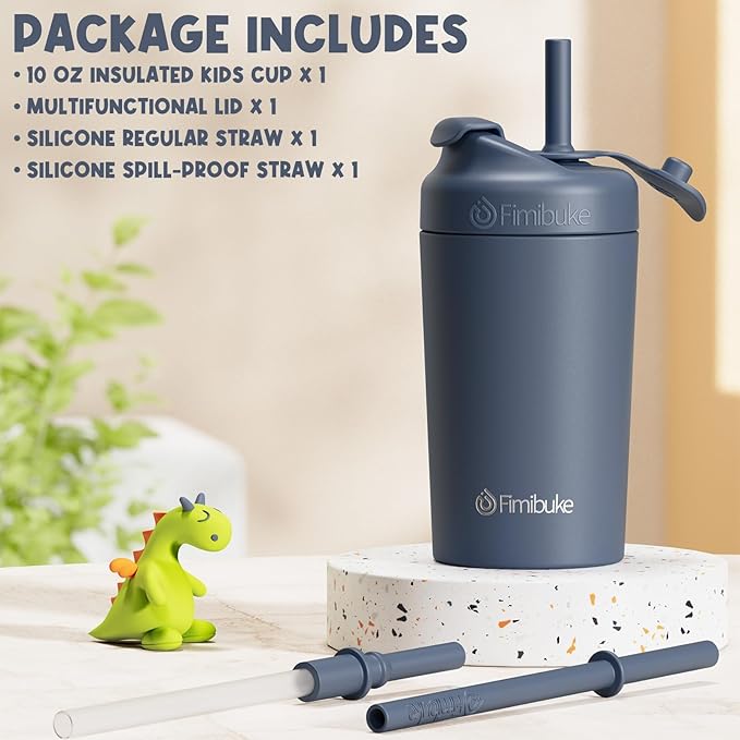 Fimibuke Kids & Toddler Cups, 10 OZ Spill Proof Straw Cups for Toddlers, Leak-Proof Kids Insulated Tumblers with Screw-On Lid & Silicone Straws with Stopper, Stainless Steel Sippy Cup for Girls Boys