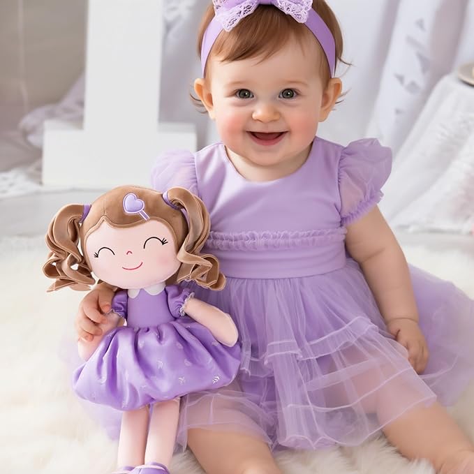 Gloveleya Baby Doll Gifts Plush Curly Girl Toys with Love Purple Light Skin